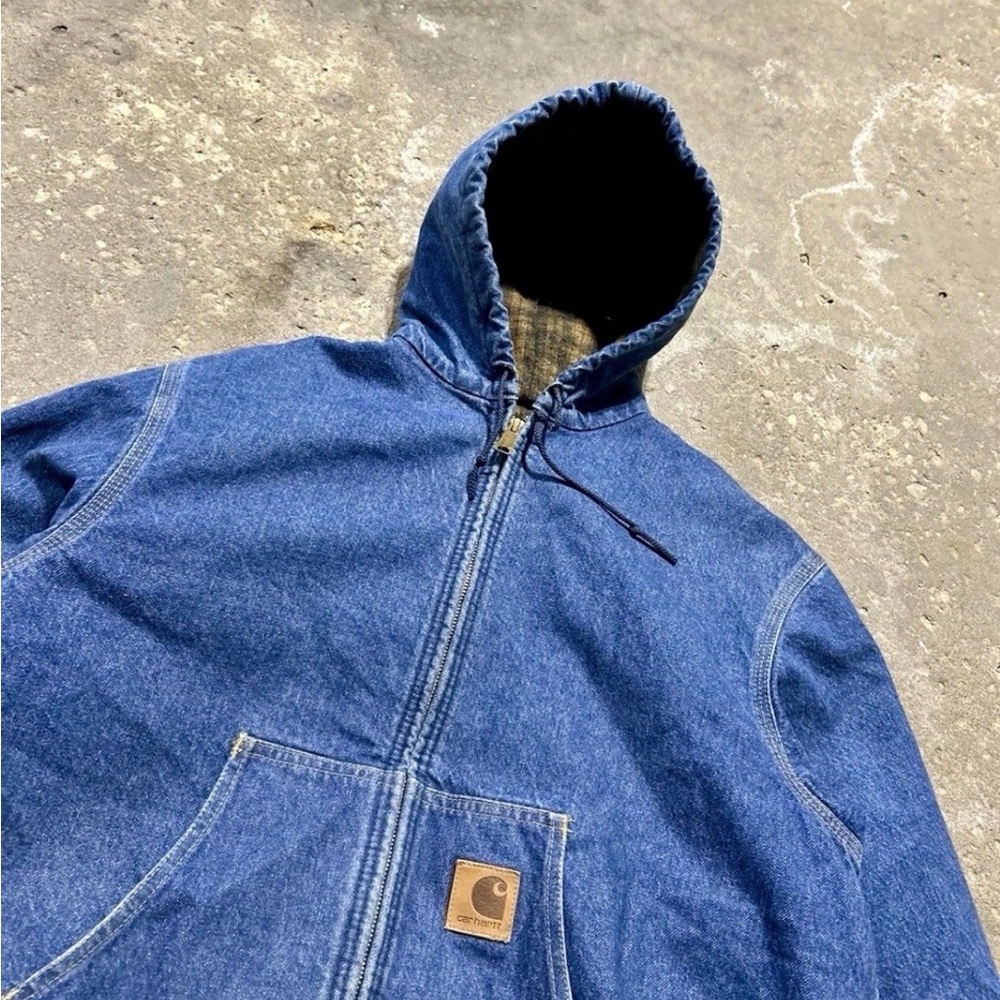 VTG 90s Carhartt Y07 DST denim blanket-lined hooded jacket. - Picture 2 of 7